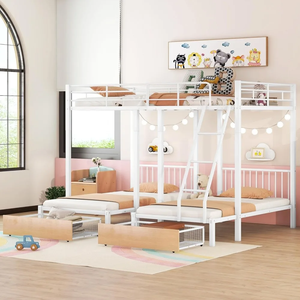 Bed, Heavy Duty Metal Triple Bunk Beds, Full Over Twin Over Twin Bunk Beds with Storage Drawers, 3 Bunk Beds, Bed