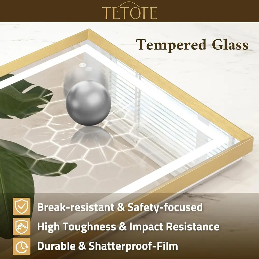 مرآة زينة LED مقاس 20 × 28 بوصة مع إطار ذهبي مصقول، إضاءة أمامية وخلفية، مضادة للضباب، قابلة للتعتيم بدون خطوات، 3 درجات حرارة ألوان #6