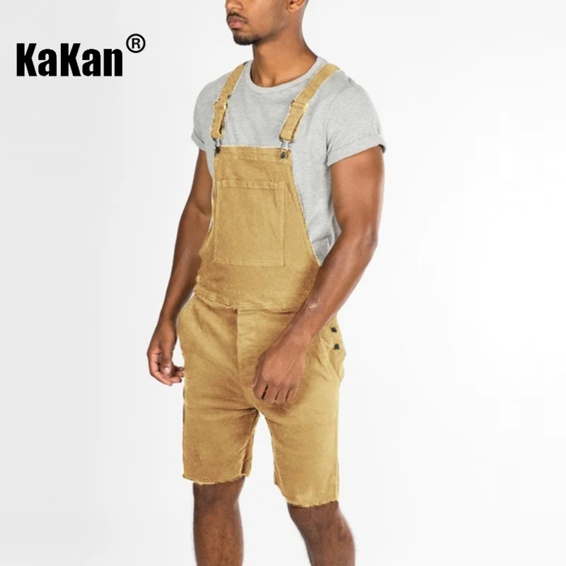Kakan - European and American New Vintage Capris Sling Jeans for Men, Black Yellow Strap One Piece Jeans K34-507
