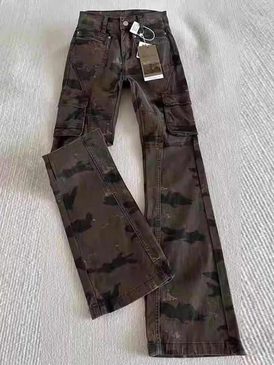 

Американская камуфляжная рабочая одежда в стиле ретро, расклешенные джинсы, женские весенне-осенние непромокаемые брюки большого размера длиной до пола