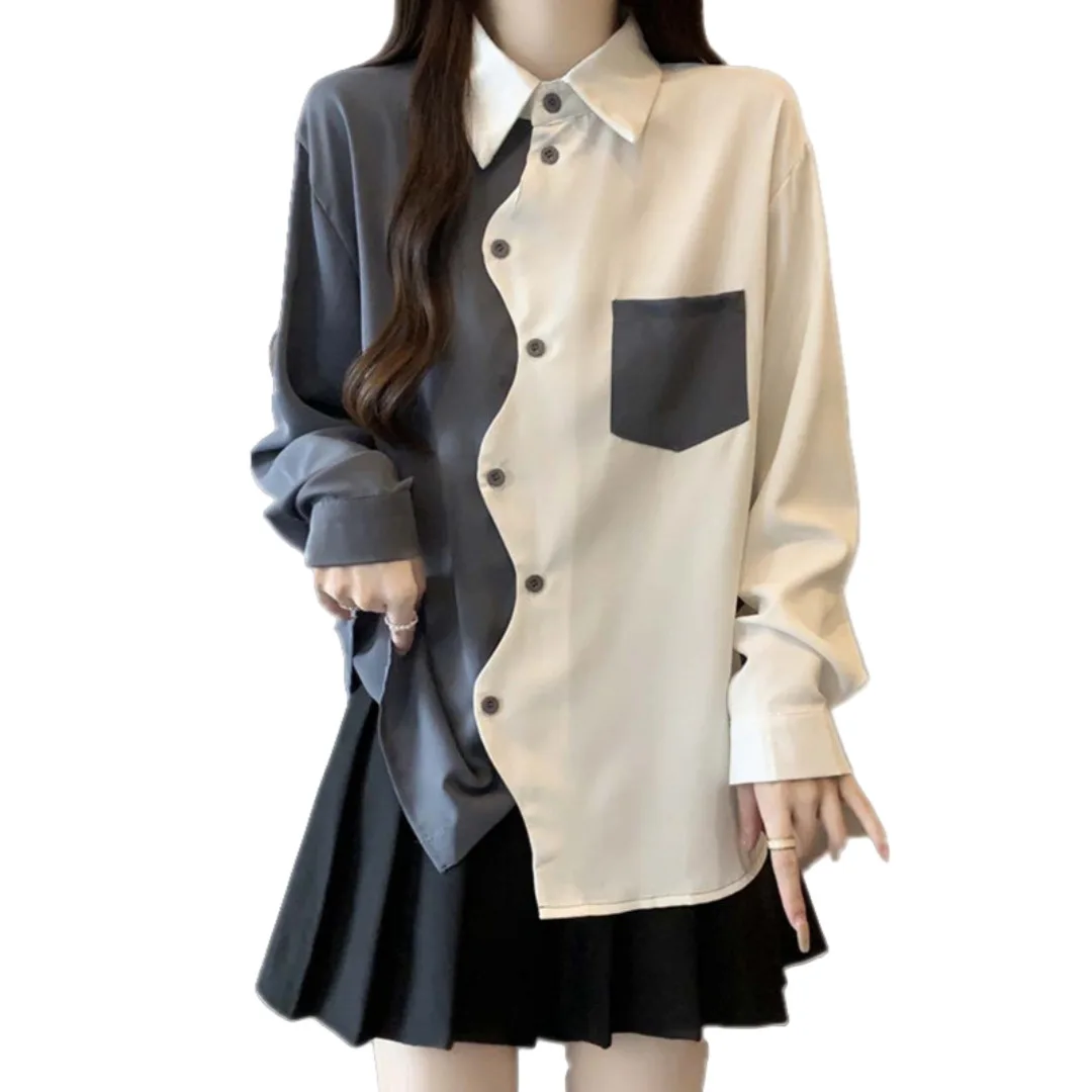Large Size Women's Autumn Shirt Fashionable Color Block Design Irregular Long Sleeve Loose Fit Versatile Single Button Top