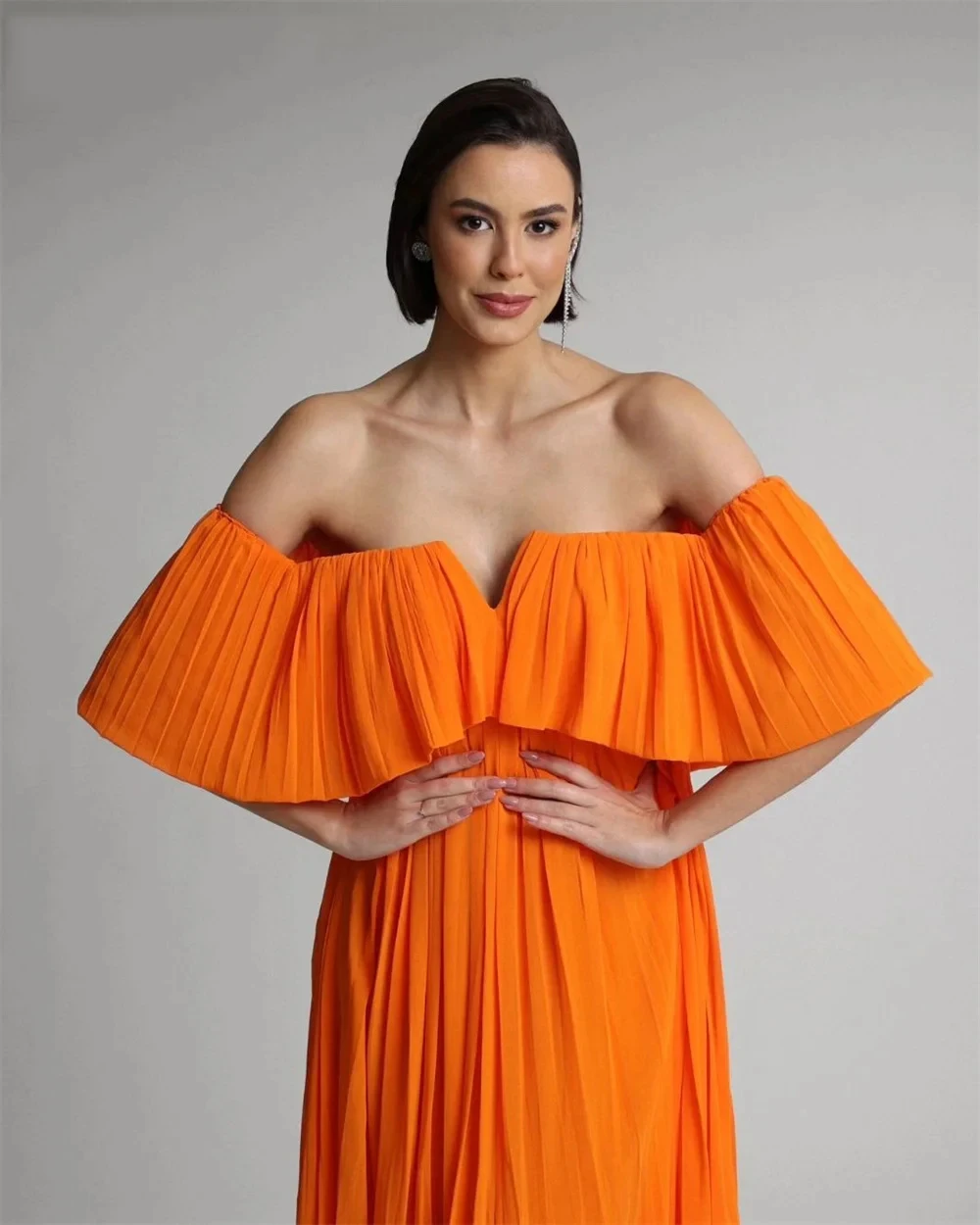 Bafftafe Orange Chiffon Long Prom Dresses Customized Arabic Off The Shoulder Formal Evening Dress Women Party Bridesmaid Gowns