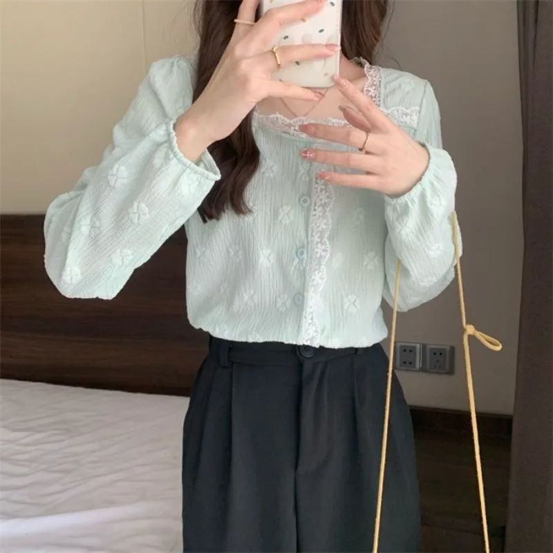 Shirts Women Solid Lace Sweet All-match Autumn Creativity Korean Style Basics Vintage Daily Simple Graceful Charming Delicate