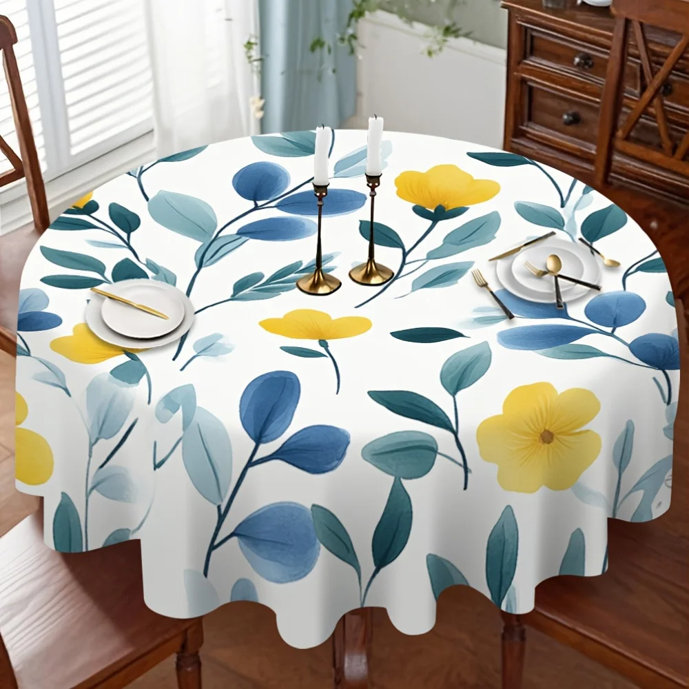 One round tablecloth with a blue and yellow floral pattern, perfect for sharing with friends and family.zyc
