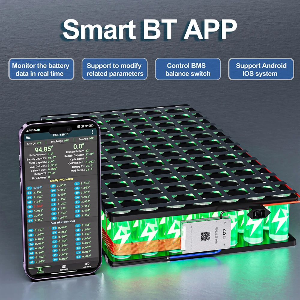 Imagem -03 - Equilíbrio Ativo Esperto de Jikong Bms Bateria com bt Pode Rs485 Ntc Jkbms 1a 2a 100a Atual 200a 4s 8s