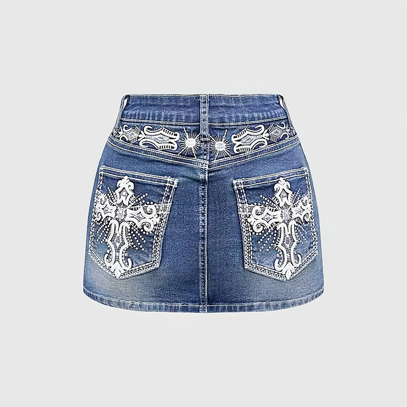 Summer Girls Chic Slim Fit Thin Denim Skirt Lady Fashion Embroidered Jeans Dress Female Blue Wrap Hip Thin Denim Skirt