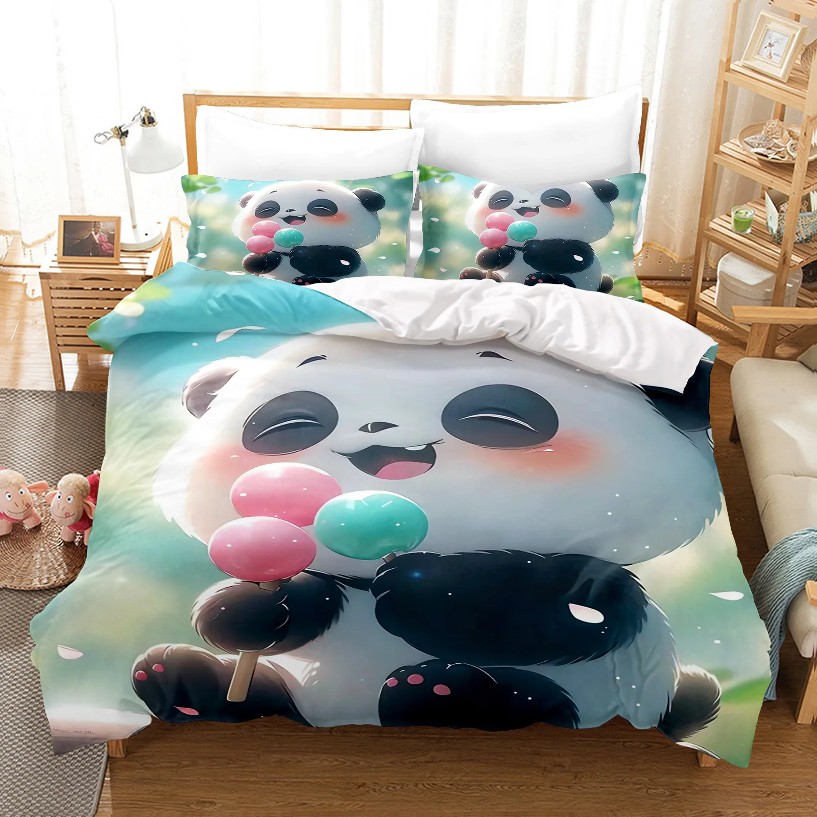Cute Kawaii Panda Bedding Set Starry Sky Wish Jar Print Duvet Cover Set Cartoon Animal Kids Bedroom Decor Bed Linen Gift