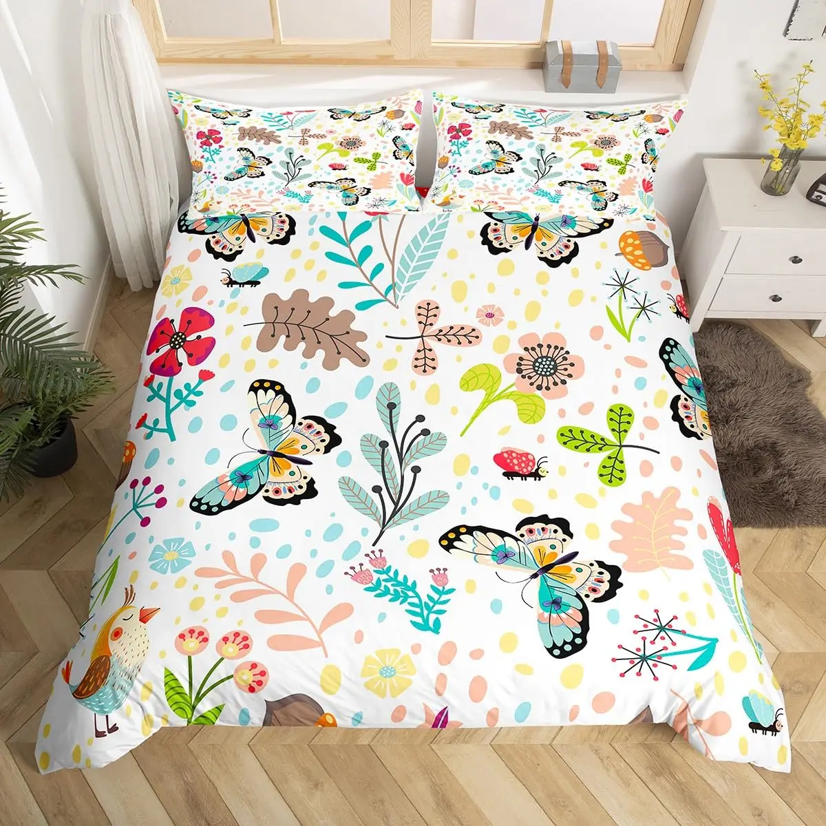 Cartoon Lion Kids Duvet Cover Jungle Botanical Comforter Cover Floral Zoo Animal Bedding Set Woodland Leaves Flowers Quilt Cover