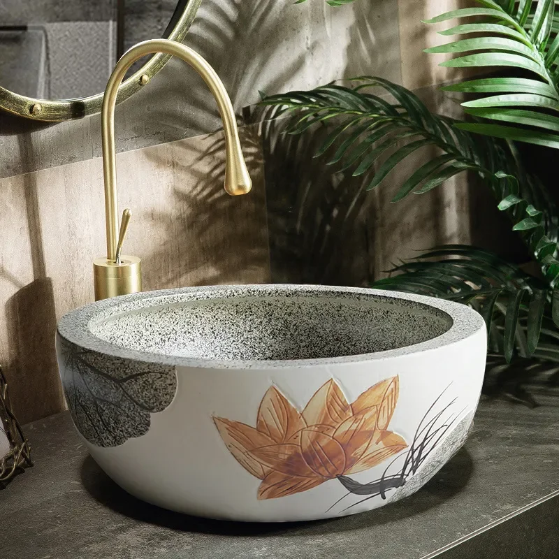 for Antique Artist Household Washbasin Carved Lotus Oval Ceramic Large Basin New Chinese Style