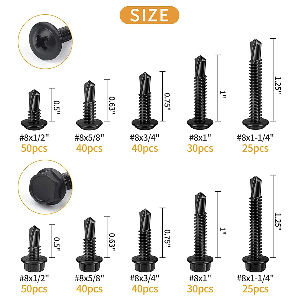 370pcs Stainless Steel #8 Self Drilling Screw Assortment Kit,Hex Washer Head&Modified Truss Head,Length 1/2