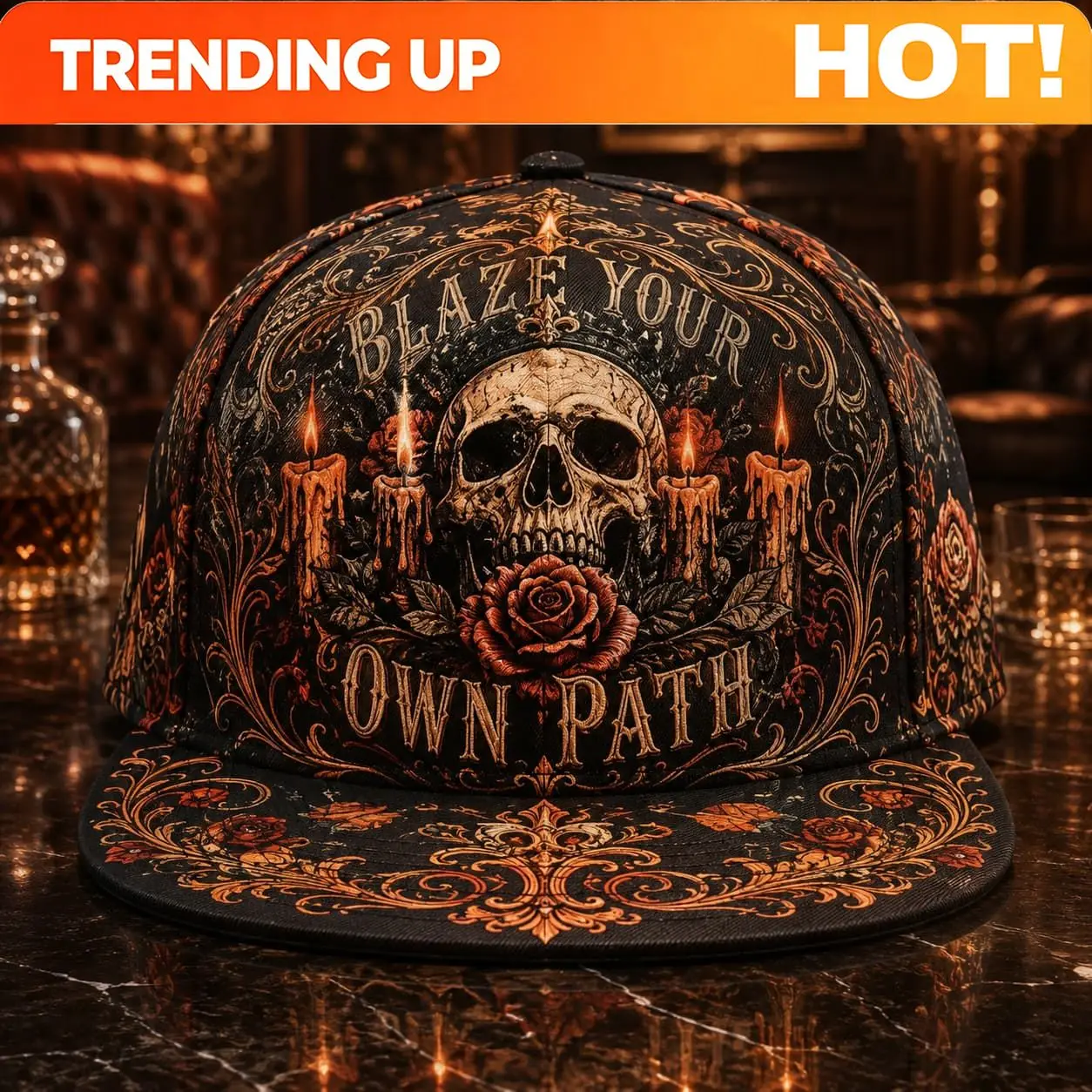 Customization This Adjustable Flat-brimmed Baseball Cap Features A Gorgeous Skull And Rose Graphic Print In Black And Bronze Col