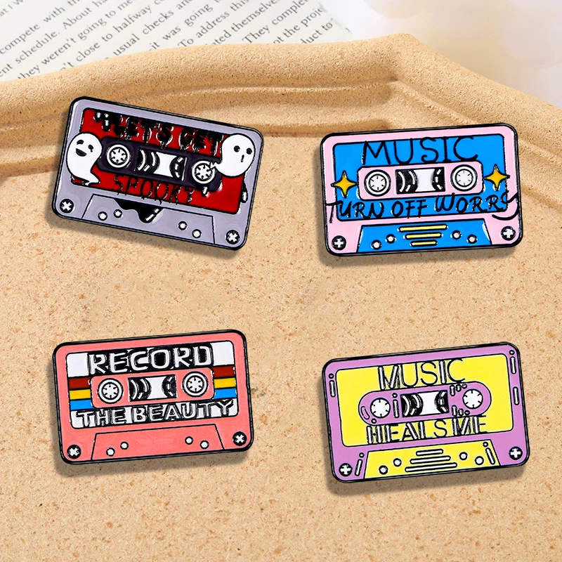 4Styles Vintage Tape Shaped Record Enamel Pins Lets Get Spooky Music Turn Off Worry Heals Me Letter CD Design Brooches