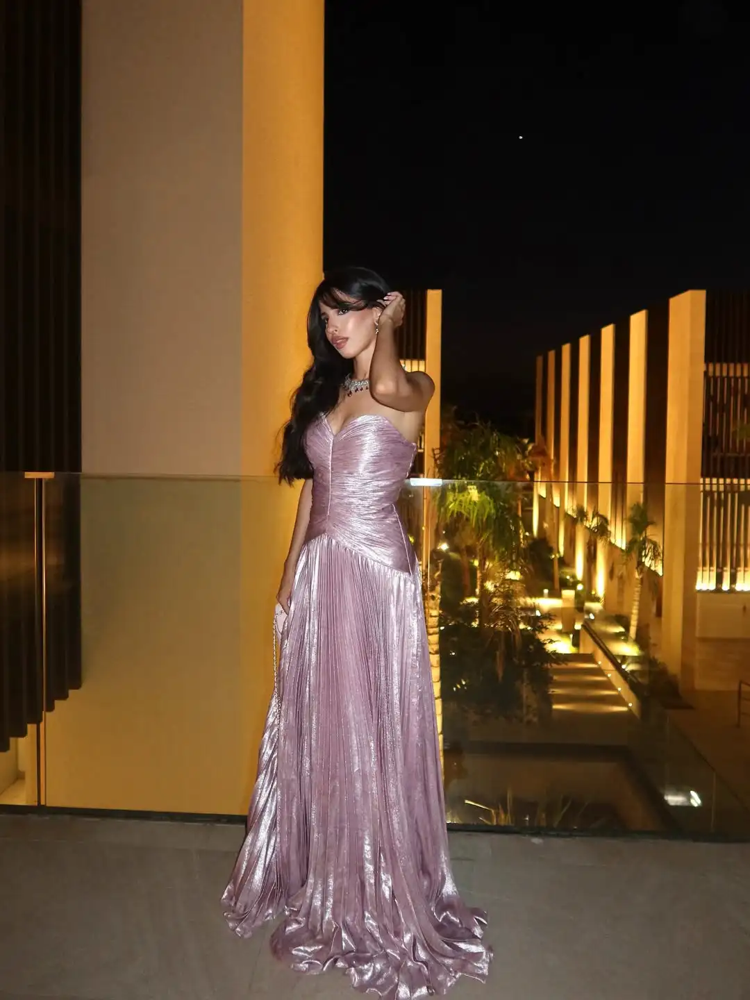 Rose Gold Metallic Strapless Gown Draped Sweetheart Pleated Maxi Dress Matching Shawl Evening Dress Dubai Gala Luxe 2026