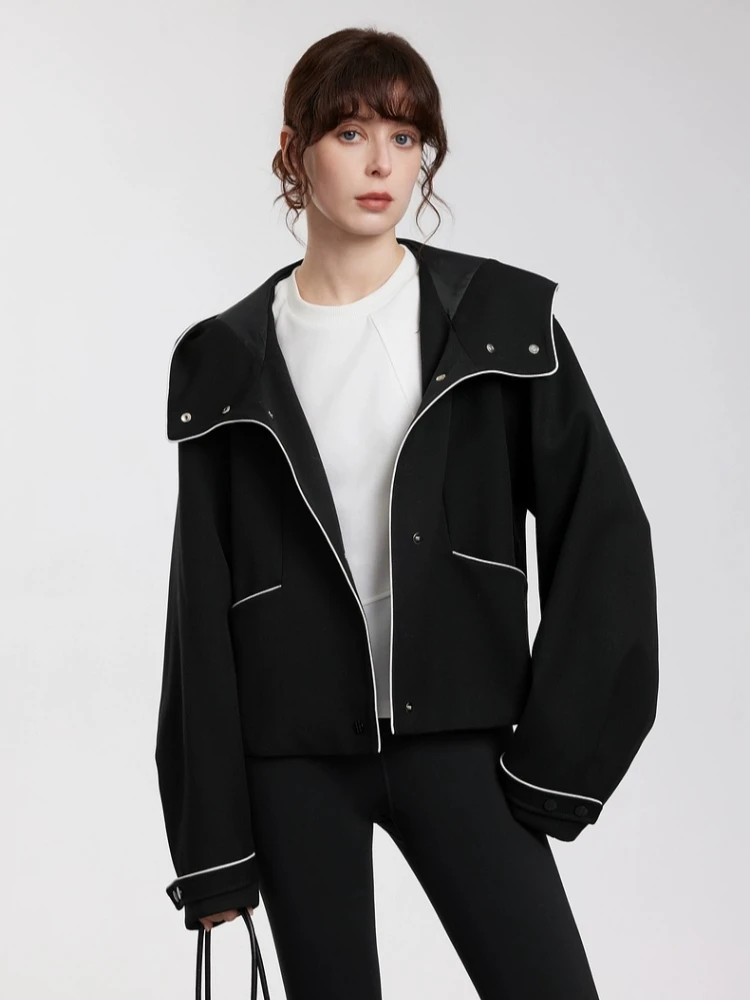 CHEERART Giacca invernale in lana con cappuccio firmata Donna Cappotto con zip in colore a contrasto Nero Nuovo in capispalla Moda autunnale 2025