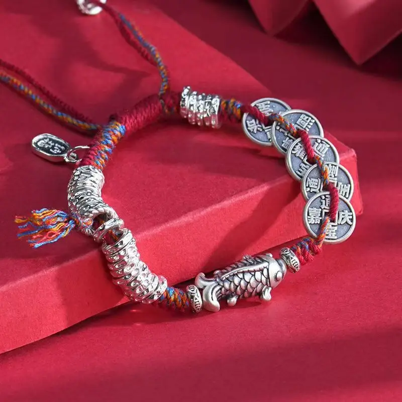 

2026 New Retro Braided String Bracelet for Women with Five Emperor Coins and Koi Charms Gifts