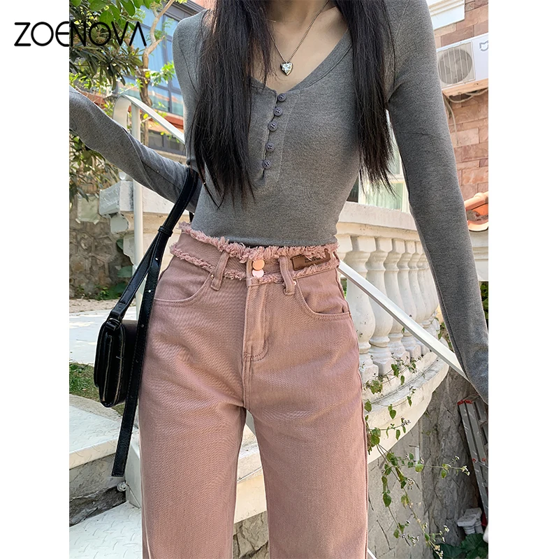 Zoenova y2k botão duplo borda crua jeans feminino 2024 moda americana senhoras calças de perna larga rosa pequenas calças jeans retas