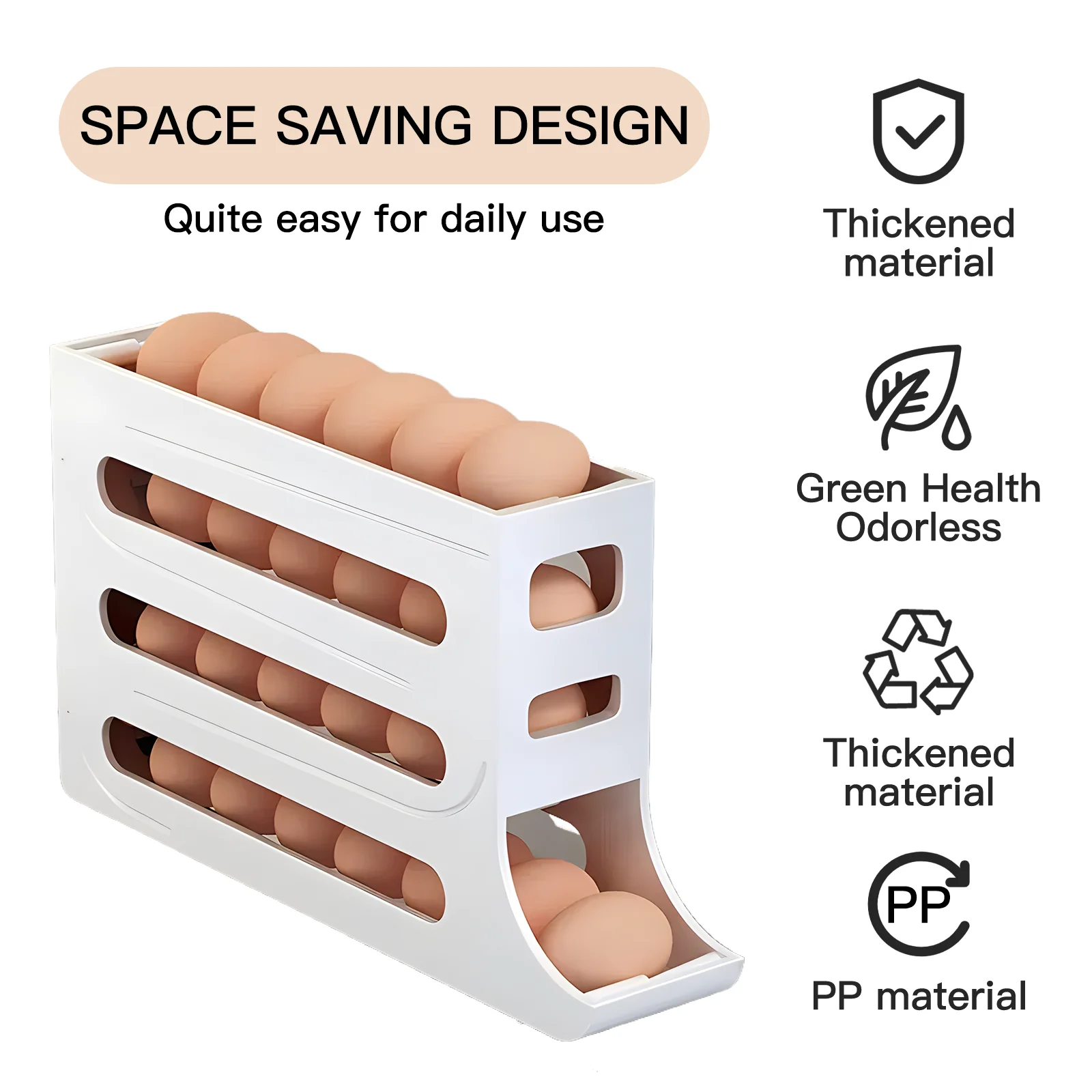 4-Tiers Auto Rolling Egg Dispenser, Space-Saving Egg Holder for Fridge and Countertop, Durable Plastic Kitchen Egg Organizer