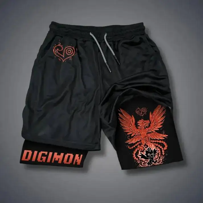 Shorts esportivos masculinos de 2 camadas com estampa Digimon Garurumon Blue Wolf e design gráfico roxo para anime casual streetwear
