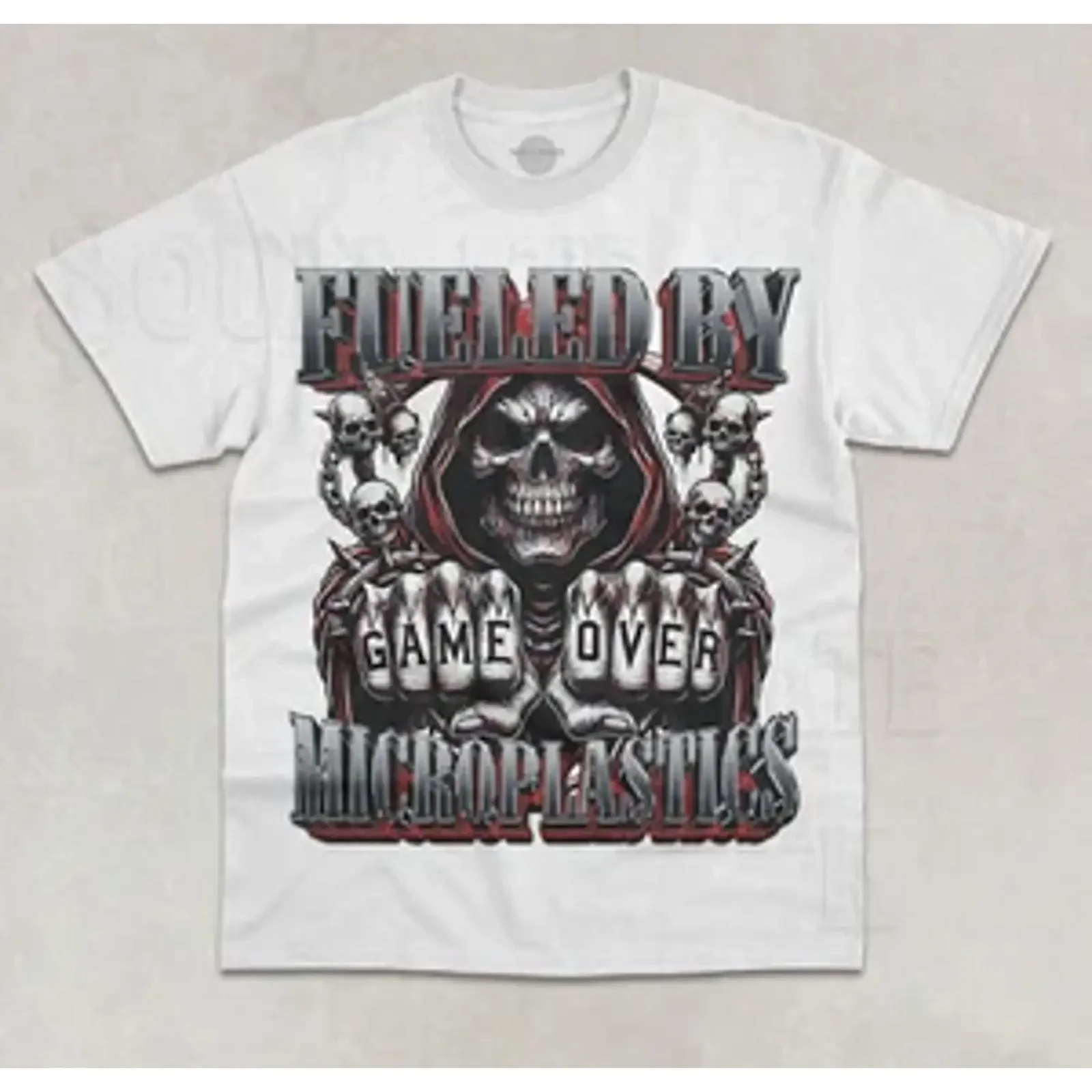 Fueled By Microplastics T-Shirt, lustiges Meme Evil Skeleton Vintage Washed Top für den Alltag, Designer-Kleidung, lässig, für Herren