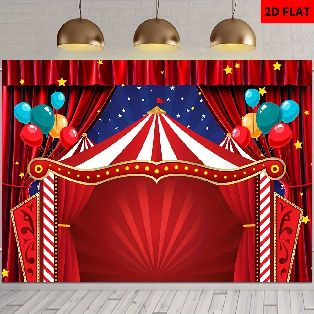 

1 2D flat circus carnival-themed photography background cloth - red starry sky balloon striped design