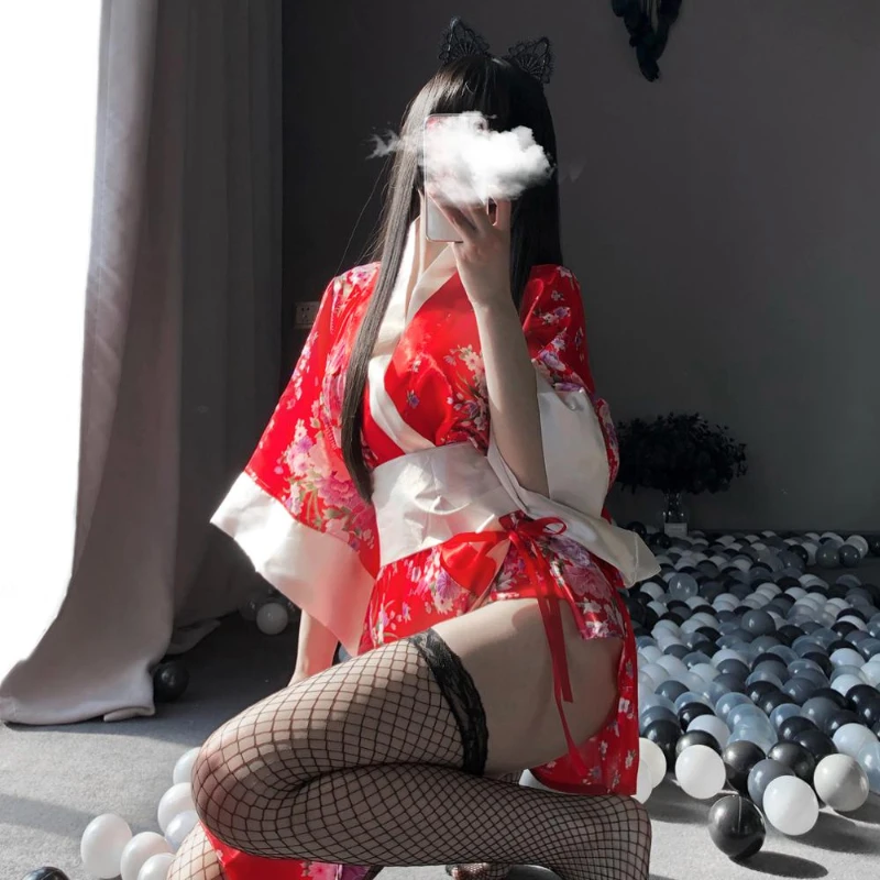 

Japanese Kimono Sexy Lingerie Cosplay Outfit For Women Traditional Style Robe Yukata Costumes Gowns Soft Silk Belt 3pcs Set