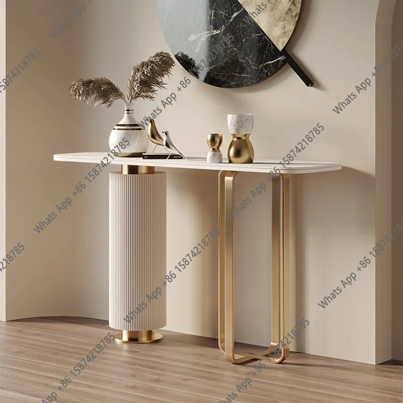 Italian light luxury rock slab entrance table against the wall Stainless steel entrance table Modern corridor end view table