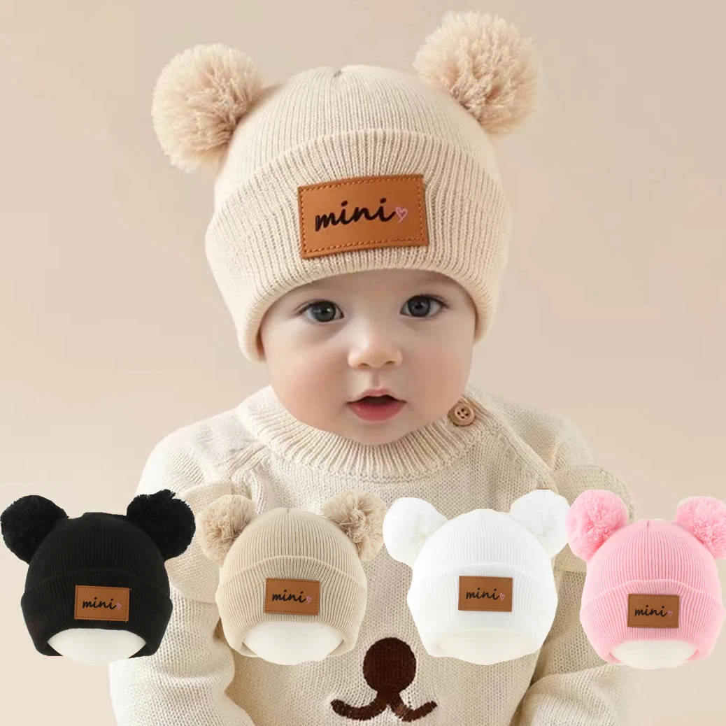 

Warm Knitted Winter Hats Newborn Baby Bonnet Double Pompom Cute Hat For Kids Boys Girls Toddler Soild Color Beanie Cap 0-3Y
