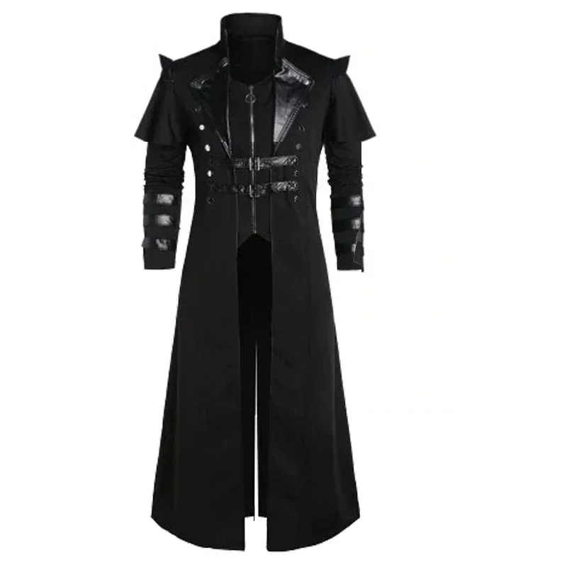 

Vintage Halloween Medieval Steampunk Assassin Elves Pirate Costume Adult Men Black Long Split Jacket Gothic Armor Leather Coats