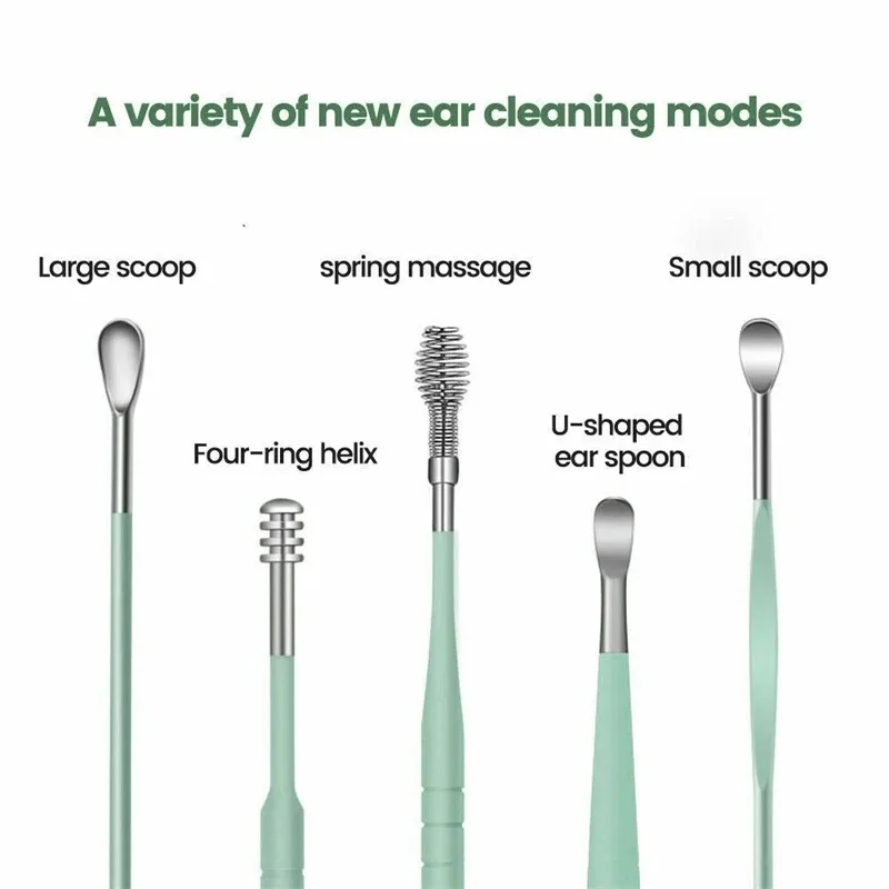 Stainless Steel Ear Digging Spoon Leather Cover 6pc Cleaner Scoop Double-Headed Spiral Cleaning Health Care Ear Picking Tool Set