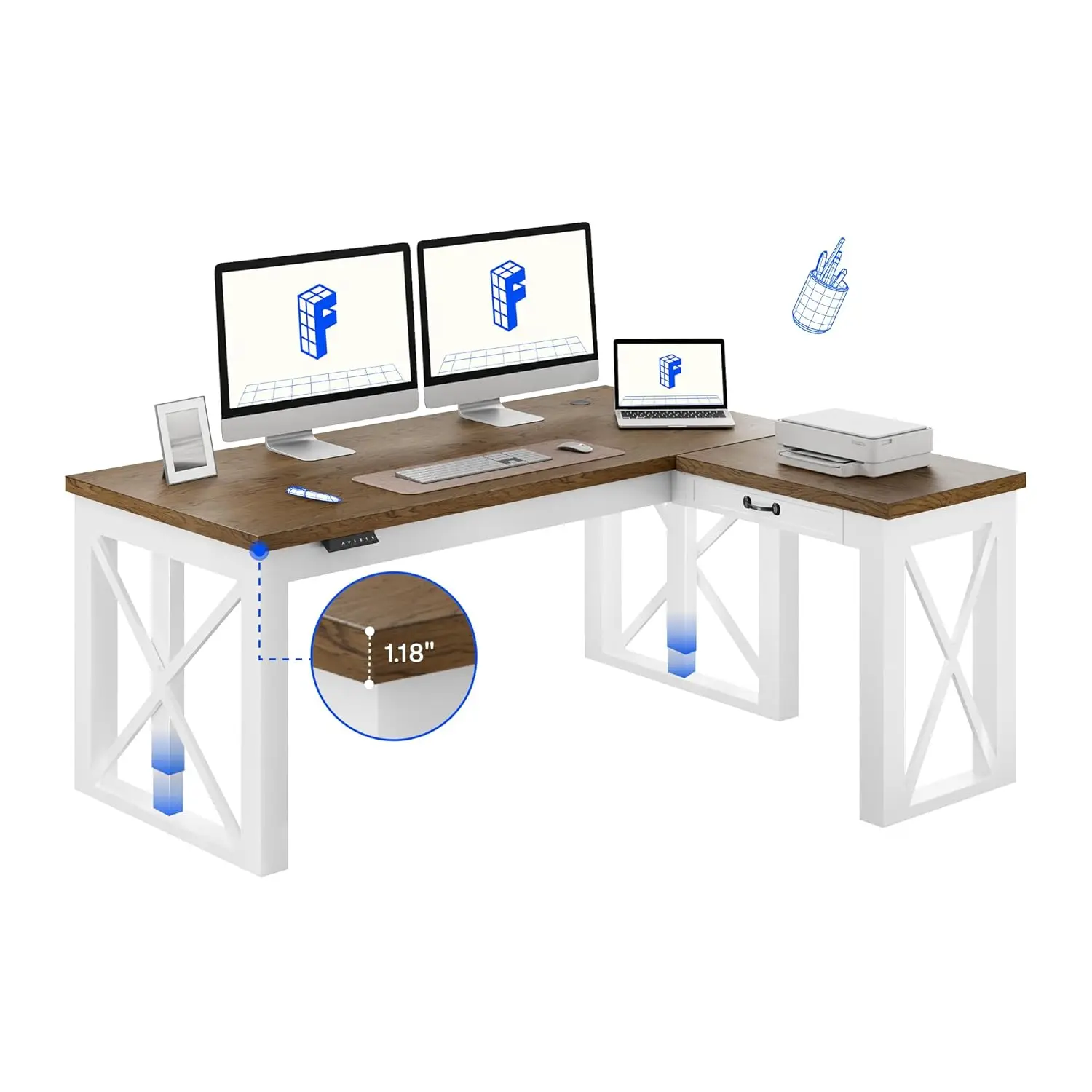 

L-Shaped Executive Electric Standing Desk, 62"x48" Wood Farmhouse Home Office Height Adjustable Corner Desk with, Customized