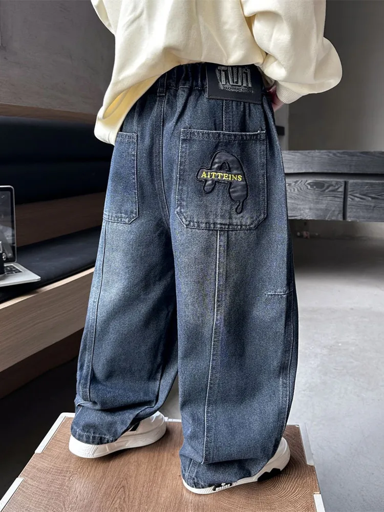 Spring&Autumn Fashion Boy Jeans Elastic Waist Teen Curved-knife Pants Classic Blue Kids Denim Pants Children Loose Trousers 2-11 4