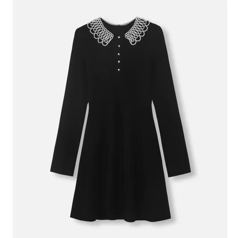 Black Mid Long Knitted Dress Pearl Peter Pan Collar A Line Skirts Long Sleeve Elegant Party Dresses Spring New Women's Clothing