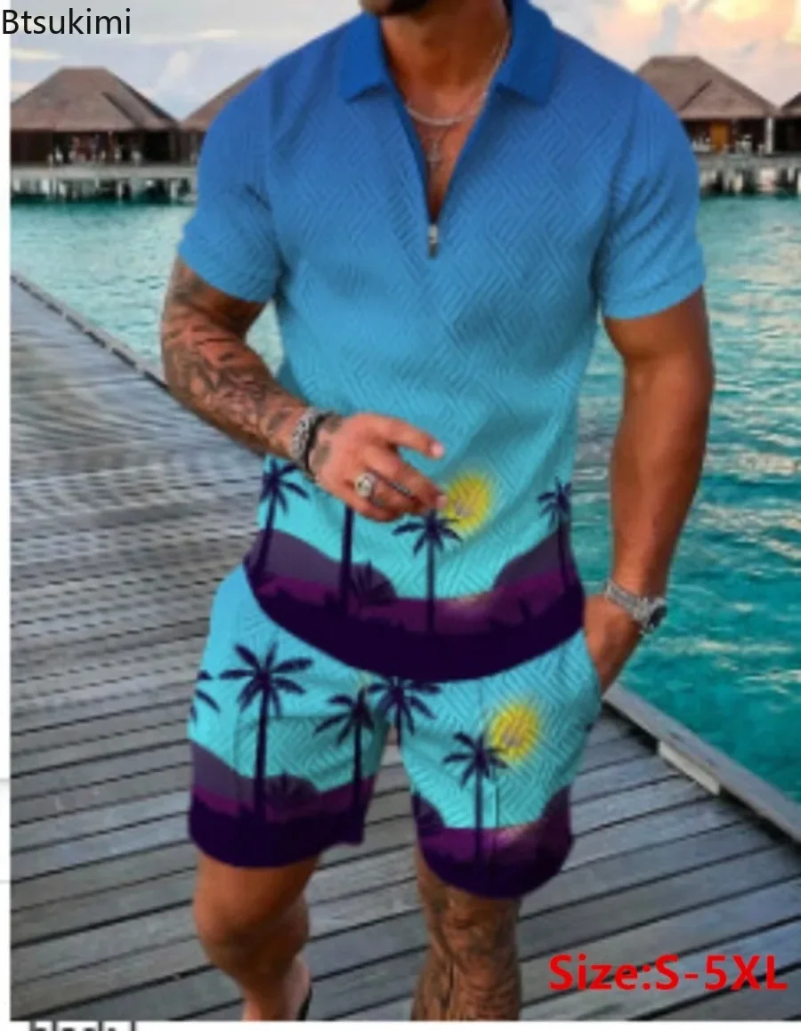 

2024 Summer New Men's Beach Style Sets Fashion Casual Short Sleeve Zip Polo Shirts Shorts Two Pieces Trend Print Suit Man Sets