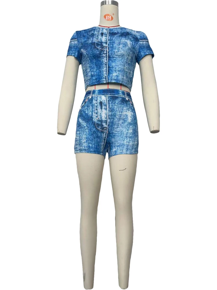 Denim Short Sets Women Clothing Streetwear Summer Casual Two Piece Outfit Skinny Ladies Jean Blue Print Top and Shorts Set