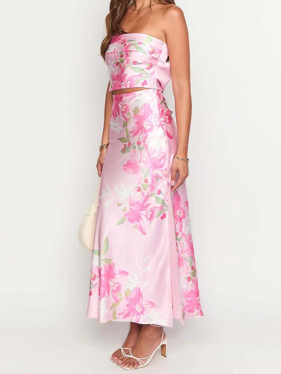 Camicia da donna con stampa floreale con spalle scoperte e volant, top corto senza maniche a fascia, camicetta senza spalline