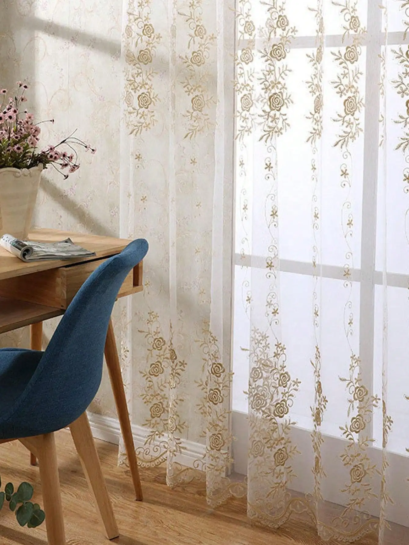 French luxury modern floral living room and bedroom gauze curtain 1PC