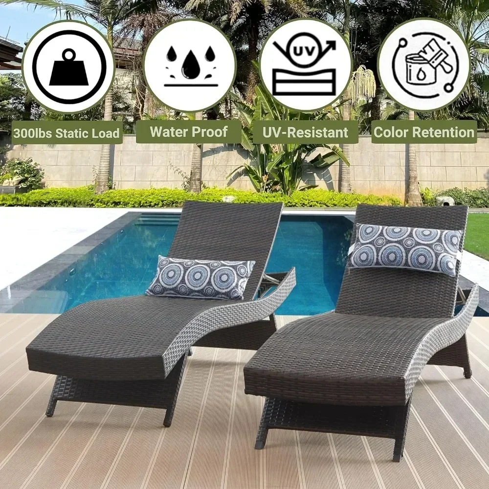 Beach Chair Set of 2 with Cushions, PE Rattan Chaise Lawn Sunbathing Chair Garden Backyard Backrest Recliners，Reclining Chairs