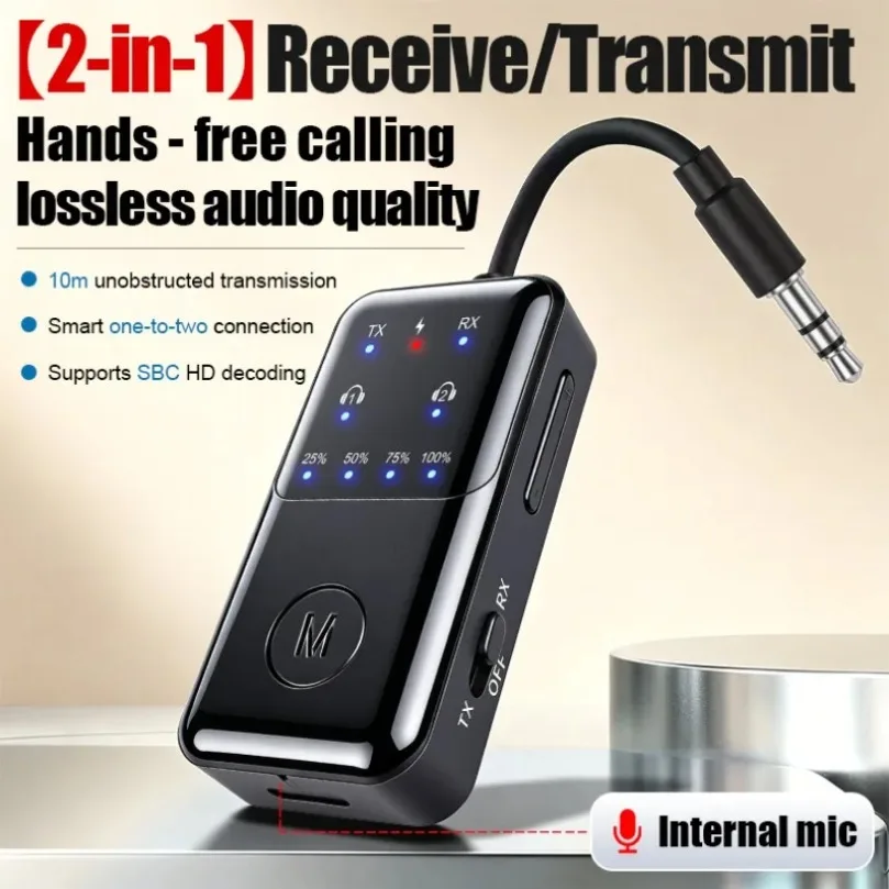 2 In 1 Bluetooth 5.4 Transmitter Receiver Wireless Audio Adapter 3.5mm Jack Dual Pairing Built-in Mic For Car TV PC Headphones gallery 1