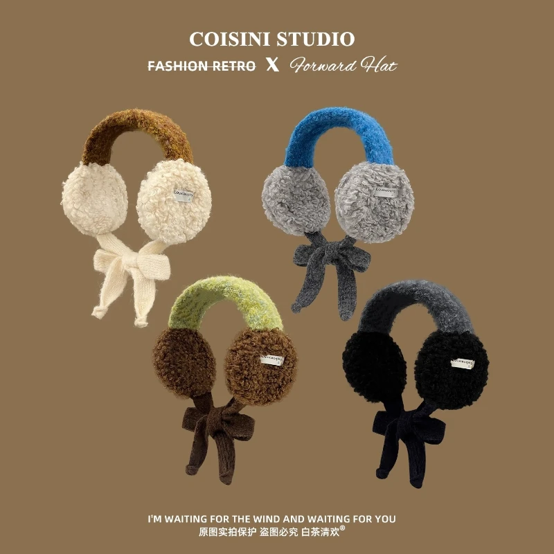 Korean Ins Contrasting Color Straps Earmuffs for Women Winter Fashion Versatile Thermal Ear Protectors Plush Pullover Hats