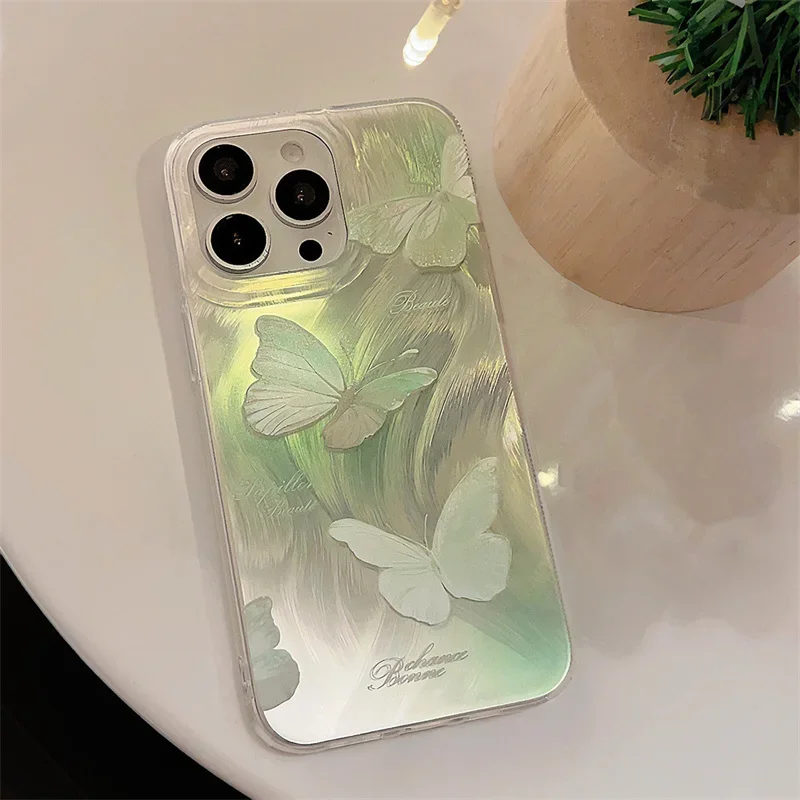 Green Gradient Butterfly Fox Tail Phone Case For iPhone 11 12 13 14 15 Pro Max XR XS X 7 8 Plus SE 2022 Shockproof Glitter Cover