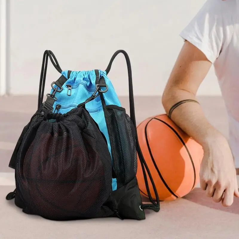 แบบพกพา Drawstring กระเป๋าเป้สะพายหลังบาสเกตบอลตาข่ายกระเป๋าฟุตบอลฟุตบอลวอลเลย์บอลลูกกระเป๋าสําหรับยิมกีฬากลางแจ้งการเดินทาง