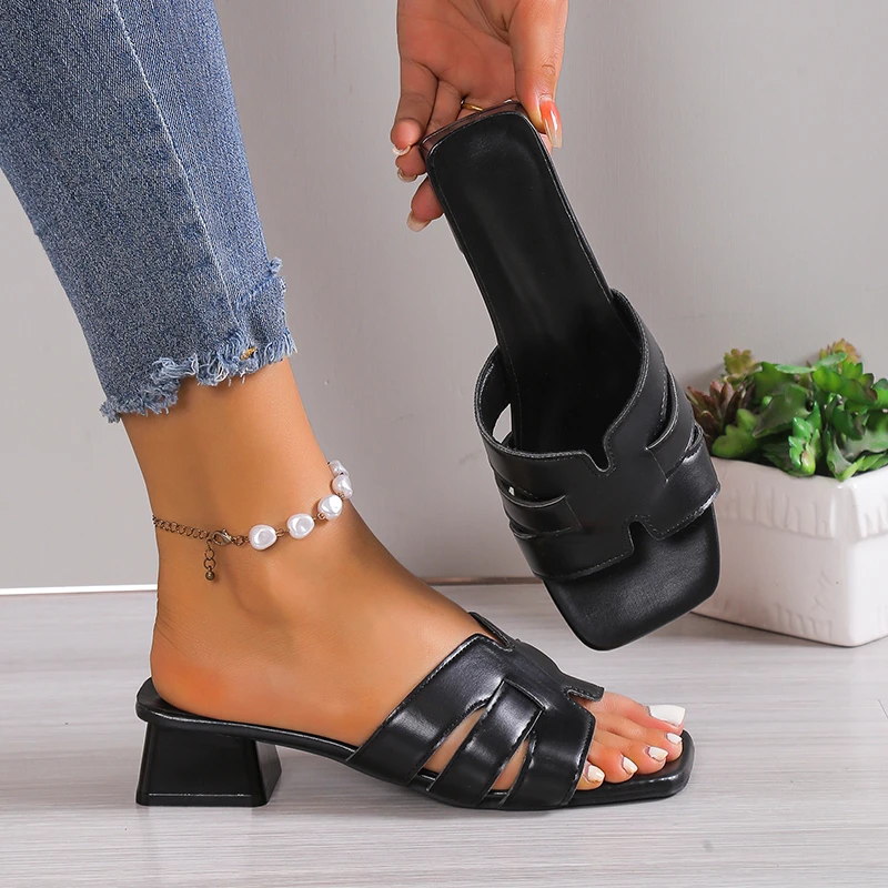 Women Sandals Summer Square Head Hollow Sandals Fashion Large Size Slippers Breathable Soft Bottom Shoes High Heel Sandals