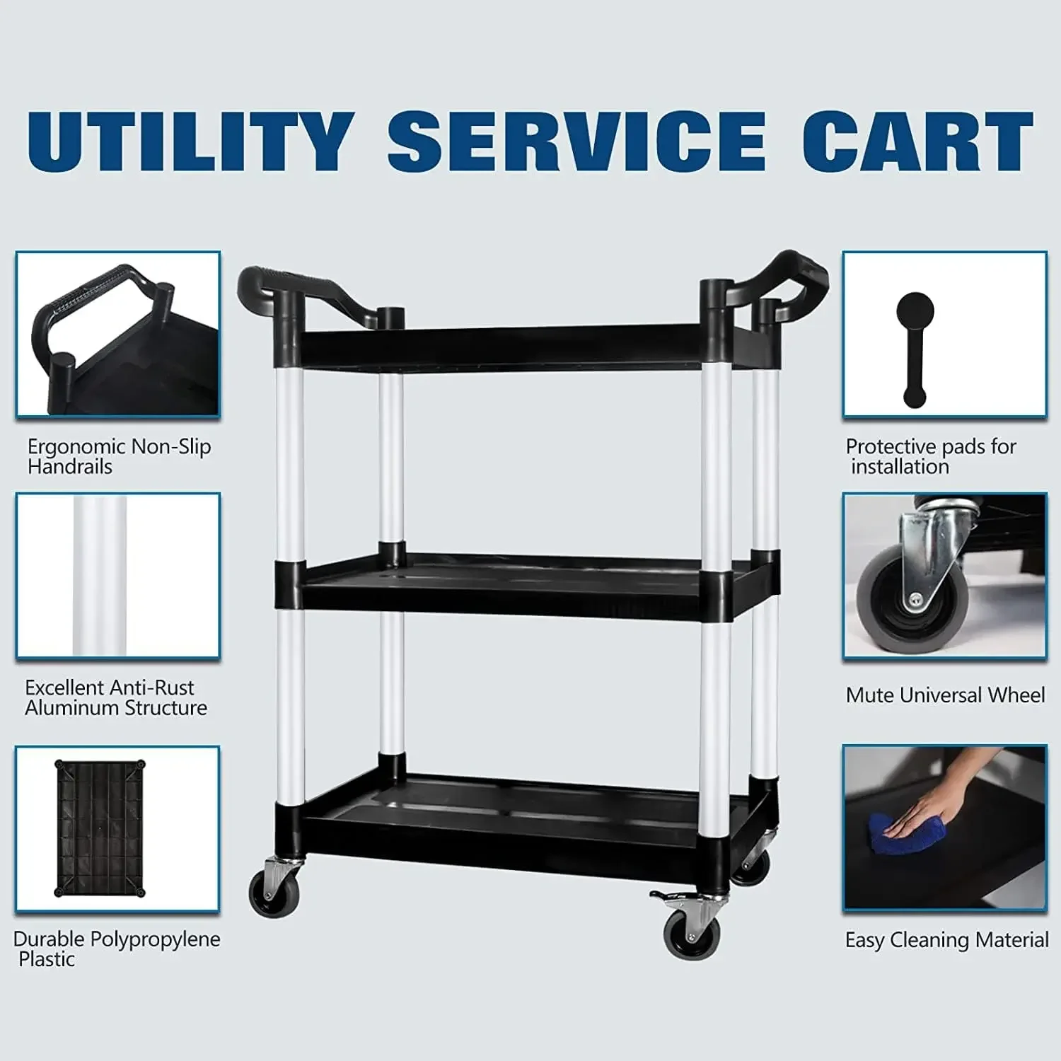 Cart with Wheels Lockable Large Size, Plastic Restaurant Cart Heavy Duty, Utility Commercial Cart for Office, Warehouse, Foodser