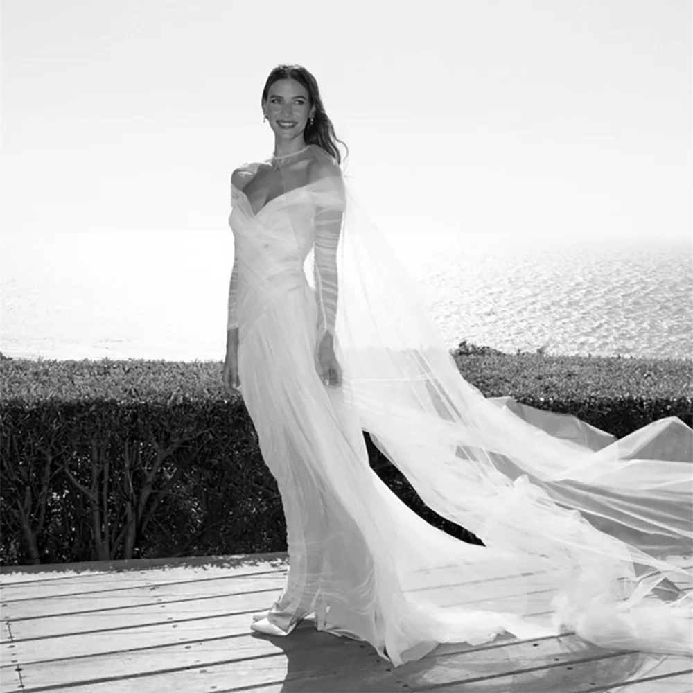 Long Sleeves Ruched Tulle Wedding Dress With Cape Lightweight Customized Off Shoulder Ivory Pleated Mesh Unique Bridal Gowns