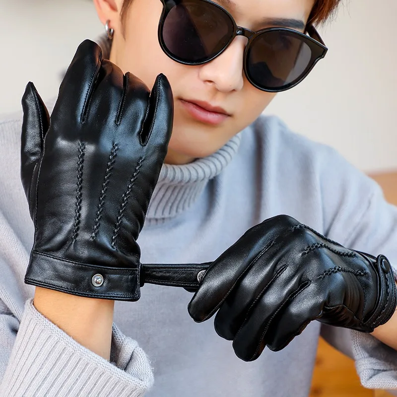 S-XL Men Real Leather Driving Cycling Gift Gloves Touch Screen Winter Warm Lining Thick Sheepskin Button Adjust Gloves