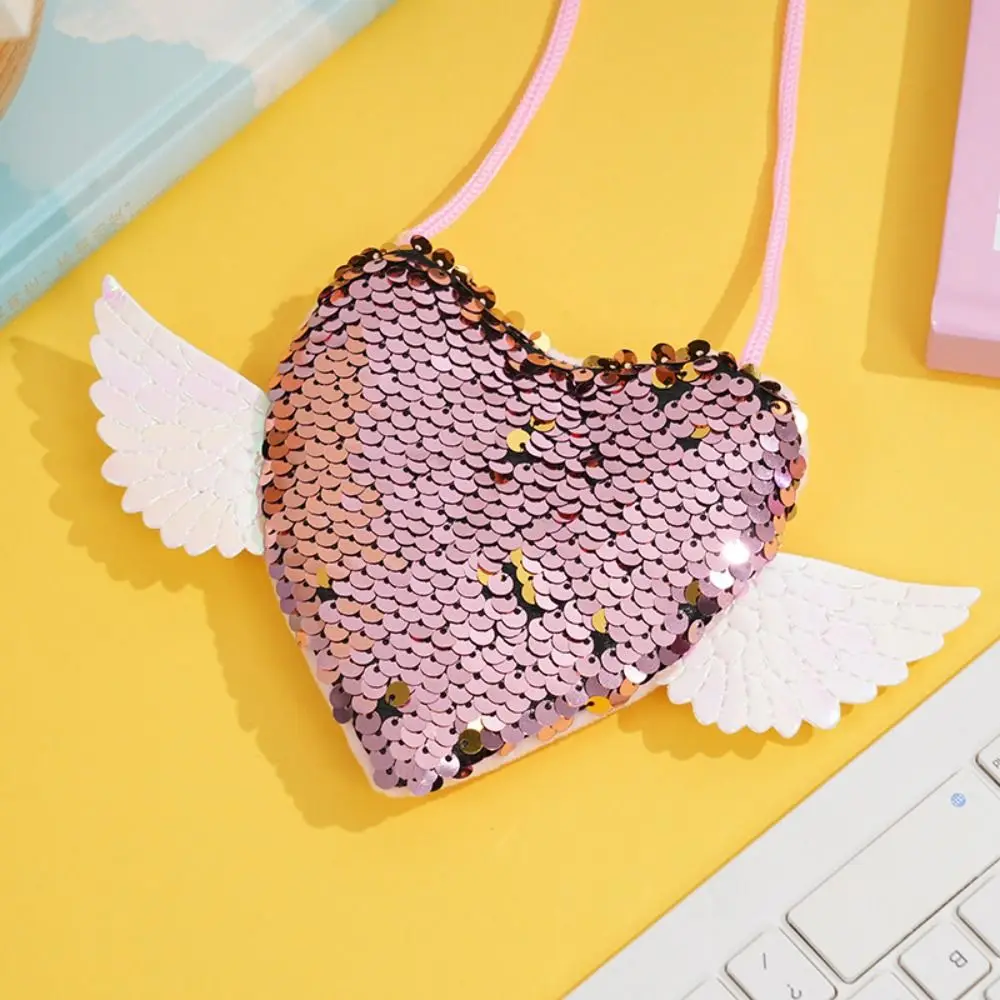 Sequin Sequin Heart Purse Wing Detail Drawstring Kids Shoulder Bag Heart Shape Adjustable Strap Angel Wing Pouch Party Gifts view 3