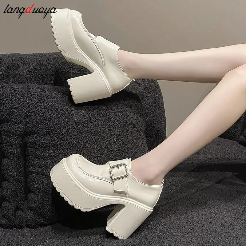 Super High Heel Shoes Women's New Round Head Shallow Mouth Metal Buckle Thick Heel Waterproof Mary Jane Shoes Women's pumps Y2K