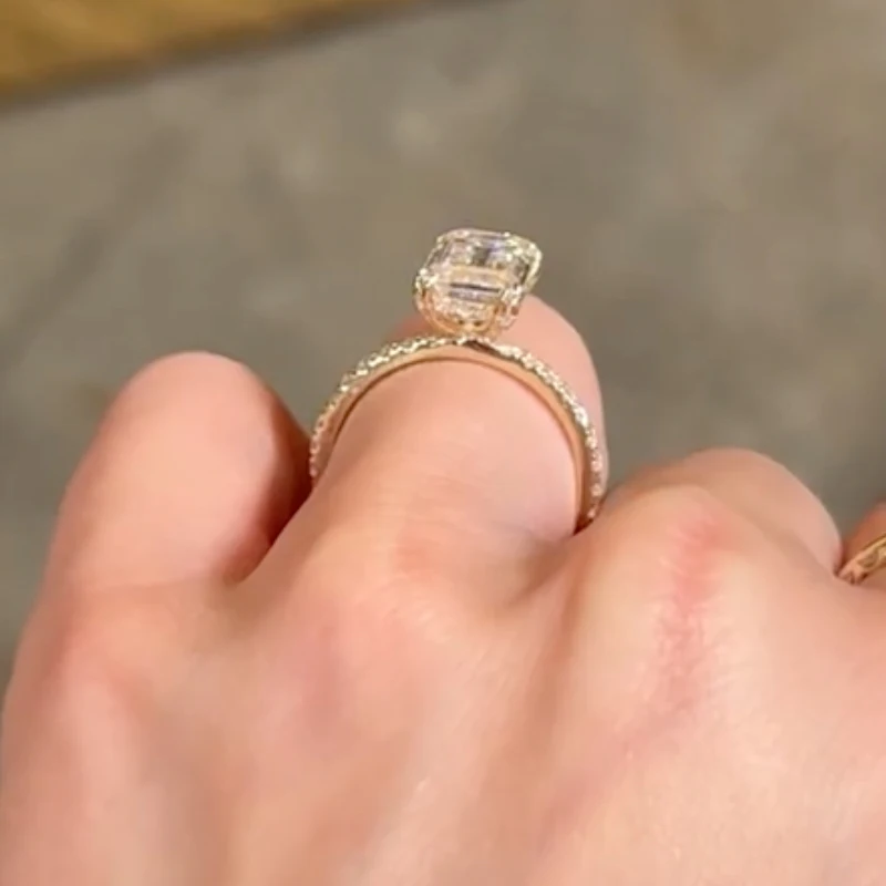 Elongated Emerald Cut 4CT Moissanite Wedding Ring, 7×11mm Center Stone, Solid 14K Yellow Gold Fine Jewelry, Luxury Engagement Anniversary Bridal Gift For Women view 2