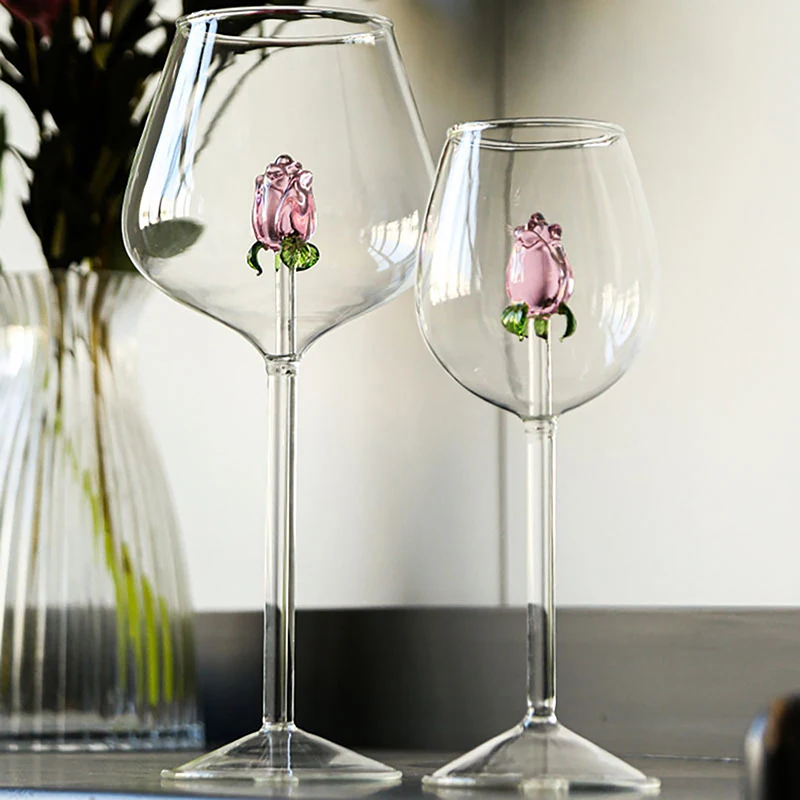 Creative  Pink Glass Rose Build-In Red White Wine Glasses Cup Drinkware Goblet Champagne Flute Household Lovely Valentine Gift