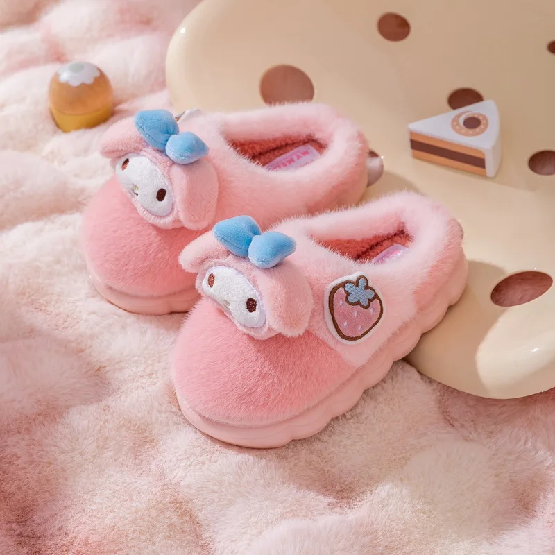 Sanrio Hello Kitty Autumn and Winter Ladies Plush Warm Cotton Slippers Cute Kulomie Indoor Thickened Non-slip Home Slippers